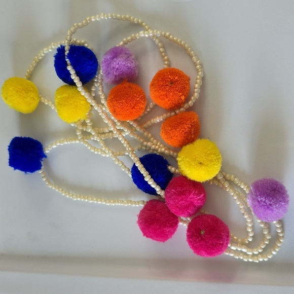 Multi Color Pompom and Seed Bead Long Necklace - Picture 5 of 6